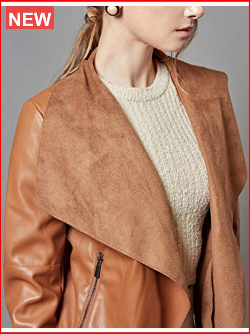 Faux Leather Jacket Slim Open Front Lapel Blazer - Picture 4 of 7